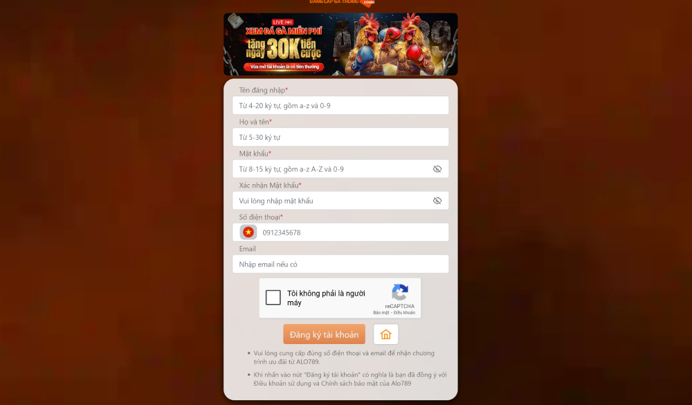 Biểu mẫu đăng ký cụ thể tại phần đăng ký Alo789