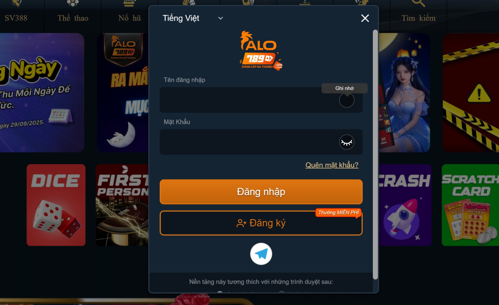 Điền thông tin vào biểu mẫu để đăng nhập Alo789