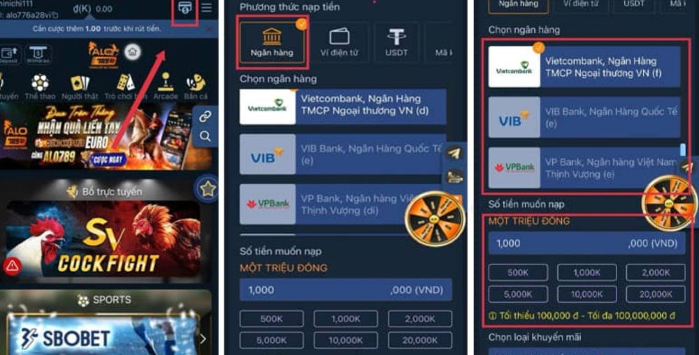 Minh họa các bước nạp tiền bằng QR ngân hàng nhanh nhất