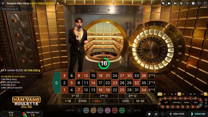 Giao diện chơi Roulette Hầm Vàng Livestream