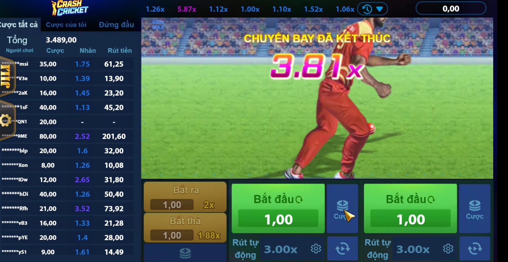 Giao diện game Nổ hũ Crash Cricket